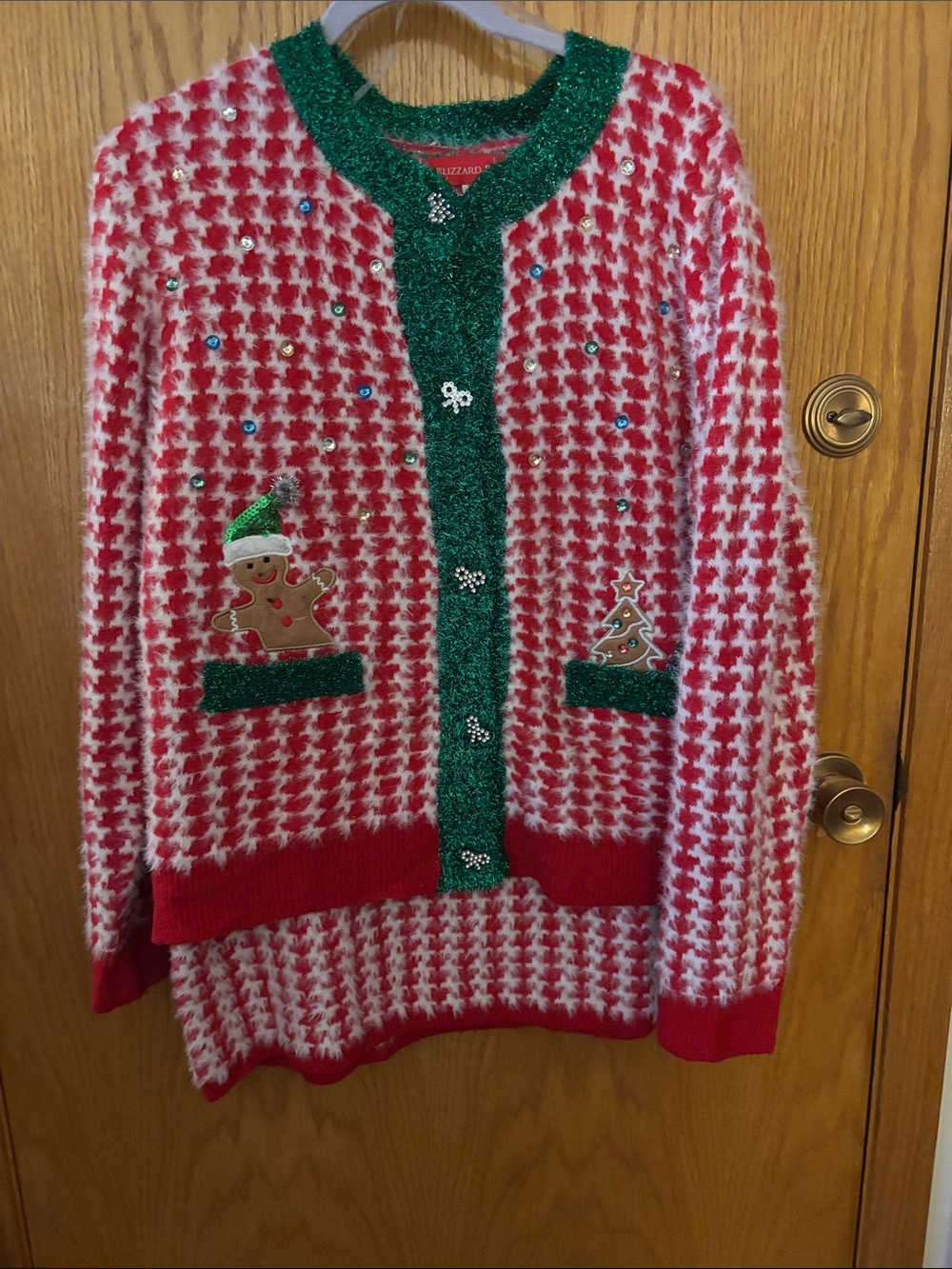 Holiday Houndstooth Cardigan Sweater - Red, White & Green